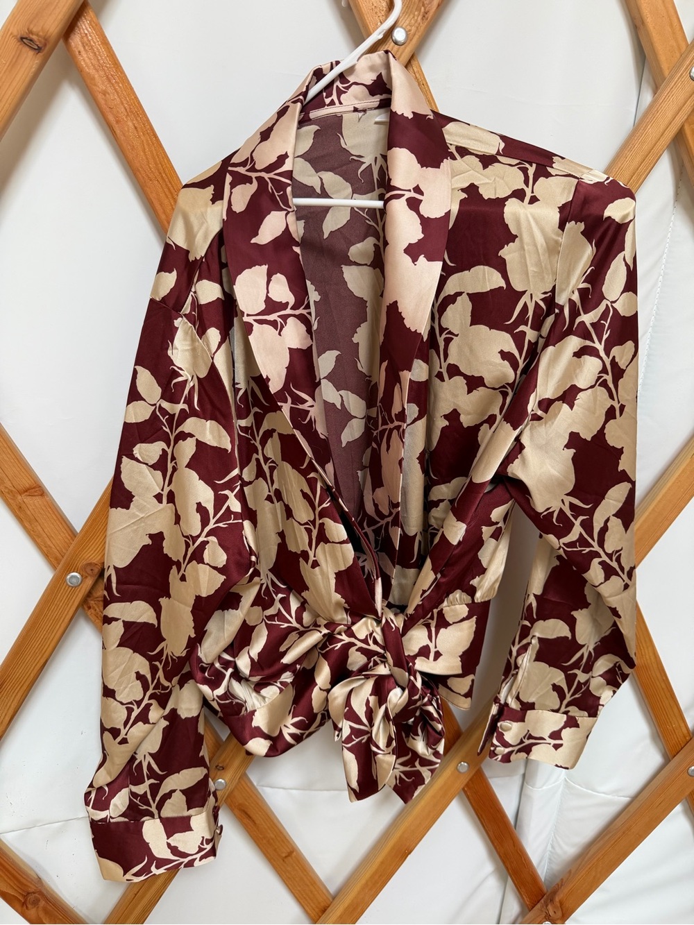 Anthropologie Burgundy and Cream Floral Satin Hutch Nyla Wrap Blouse